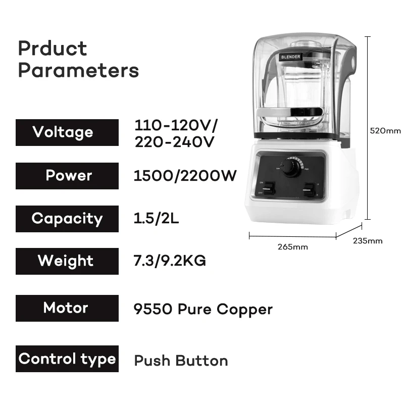 Electric Commercial Smoothie Blender 2L Food MixerSoundproof Cover 110-240V