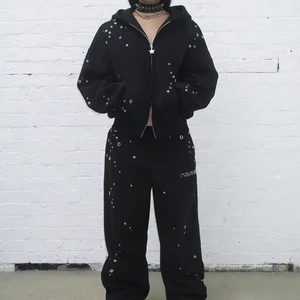 LYG Custom Zip Two Piece Set Rhinestone Naillet Black Heavyweight Studded Eyelet Cotton Oversized Streetwear Y2K Designer Wash