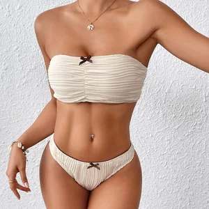 Women Sexy Two Piece Bikini Set Bandeau Strapless Top and Low Rise Bottom Solid Color Swimsuit for Summer