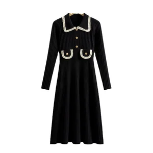 Women's Chic Fall Winter Dress High-Grade Chic Waist Slimming Knitted Sweater Button Decoration A-Line Simple Solid for Autumn