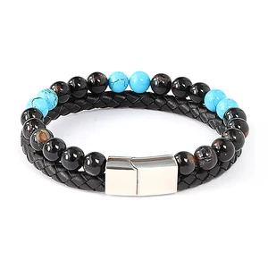 Men's Trendy Double-Layer Beaded Leather Bracelet Natural Lapis Tiger Eye Turquoise Black Onyx Stainless Steel Jewelry Gift