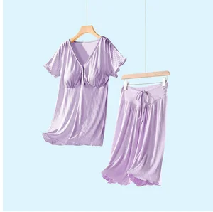 Postpartum Short Sleeve Capri Trouser Set Pregnant Women Breastfeeding Pajamas Home Wear Two-piece Set