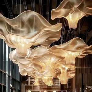 Customized Hotel Lobby Large Lamp Stair Glass Hanging Modern Luxury White Gold Led Chandelier