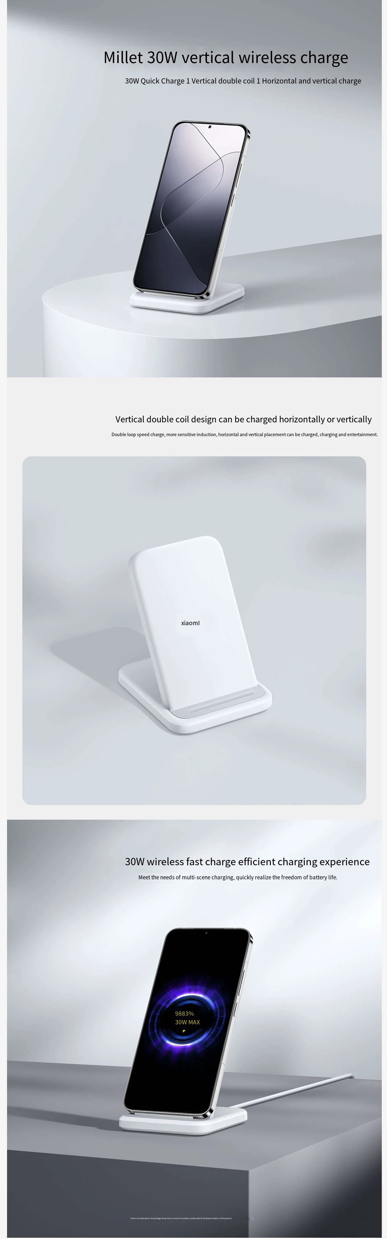 For Xiaomi 30W Vertical Wireless Charger Dual Coil Fast Charging Stand Qi Compatible for iPhone Samsung Xiaomi Smartphones