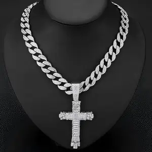 Men's Hip Hop Iced Out Cross Pendant Necklace Cuban Link Chain Bling Rhinestone Crystal Gold Plated Alloy Jewelry Fashion