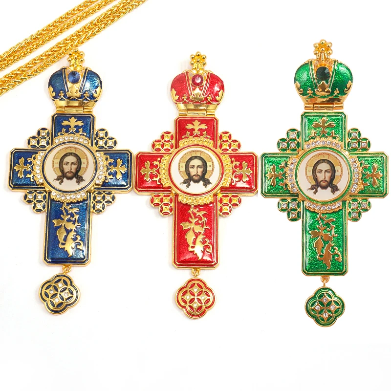Transparent Red Enamel Craft on Orthodox Bishop Top Ranking Pectoral Cross Necklace for Church Prayer
