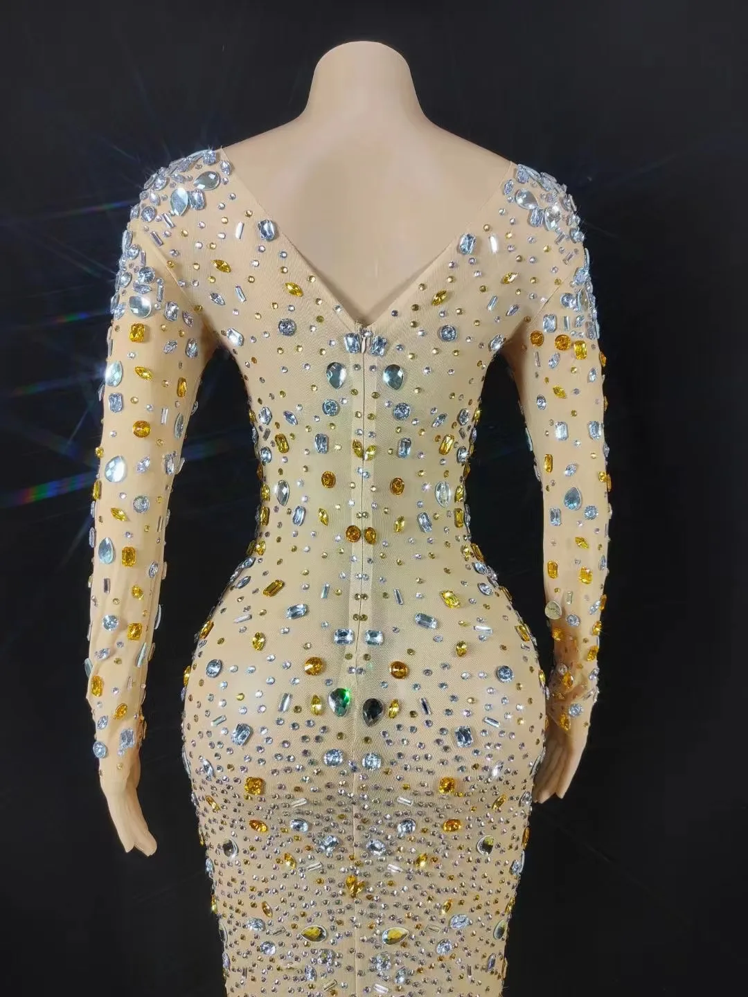 AD1508 Kimshein Womens Long Sleeve Sexy Hollow Out Evening Feathers Prom  Crystal Dresses Performance Clothing Vestidos