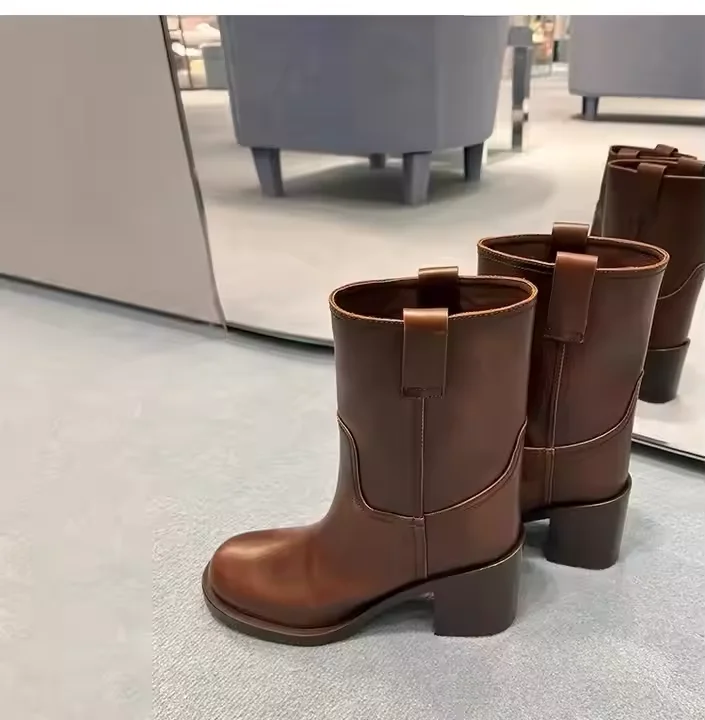 Winter Cowboy Wide Shaft Ladies Heel Boots Fashion Round Toe Full Leather Block Heel Women Mid Calf Western Boot - Image 3