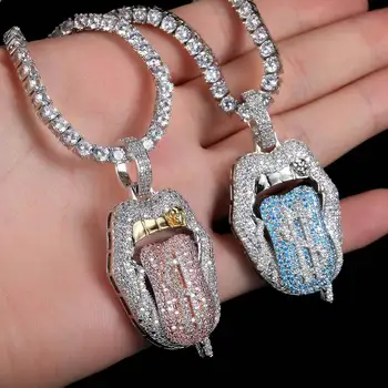 Mouth Tongue Pendant Necklace Hip Hop Iced Out Cz Diamond Blue Tennis Chain Lips Mouth Dollar Necklaces Men Jewelry