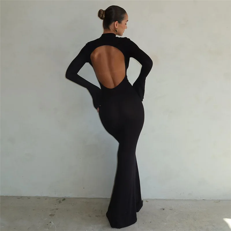 Women Back Cut Out Long Sleeve Dress Elegant Party Evening Classic High Street Maxi Dress Ladies Women Back Cut Out Long Sleeve Dress Elegant Party Evening Classic High Street Maxi Dress Ladies