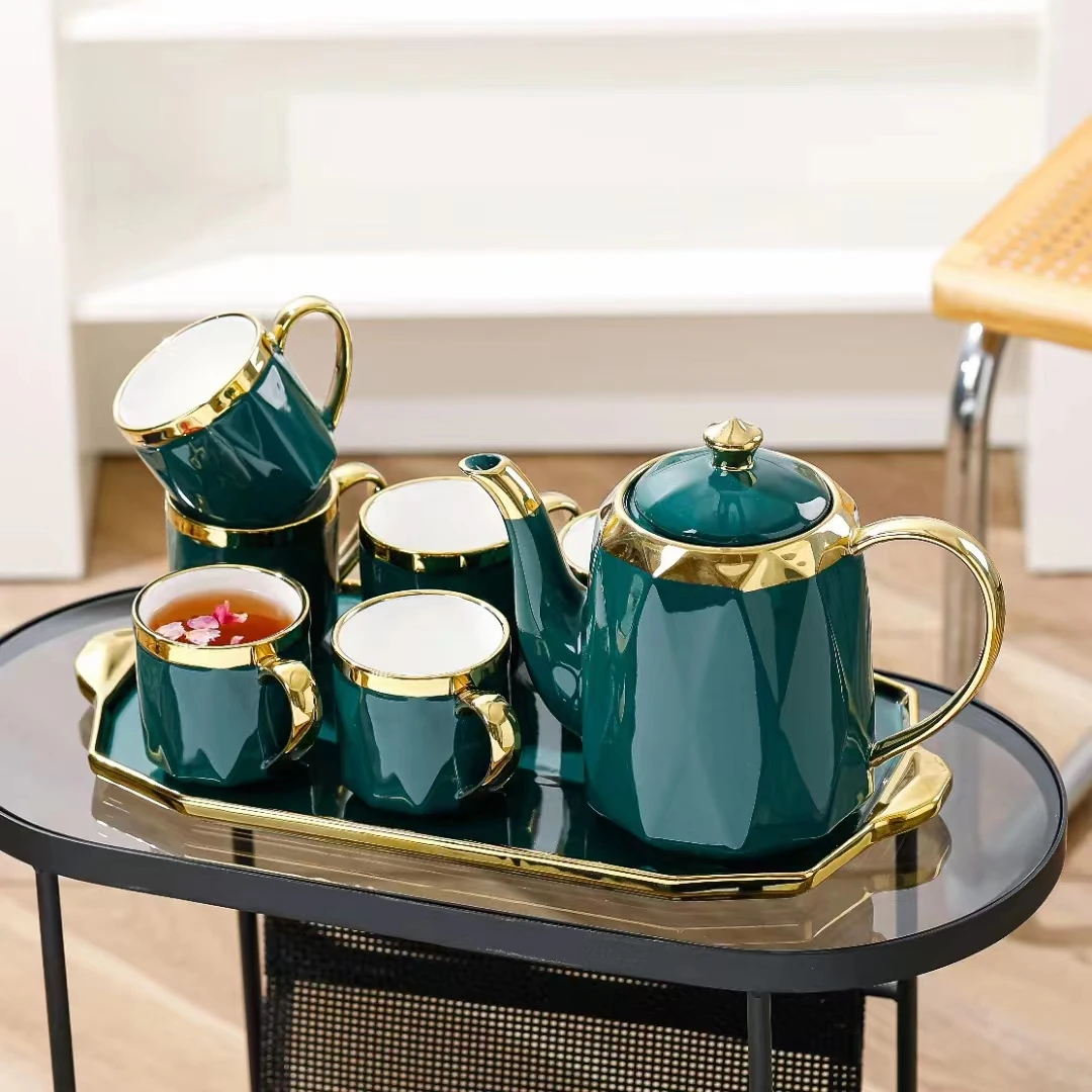 Luxury 6 Piece Tea Cup Set with Teapot and Tray - Ceramic