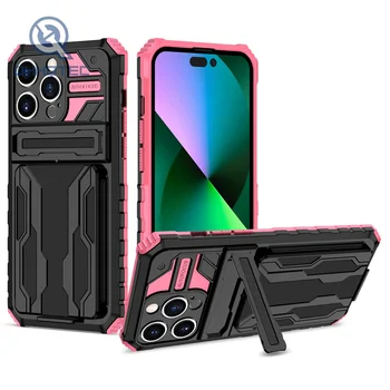 3 in 1 Rugged Hybrid PC TPU Armor Shockproof Phone Cover Card Slot Hidden Kickstand Phone Case For iPhone 15 Pro Max Back Cover
