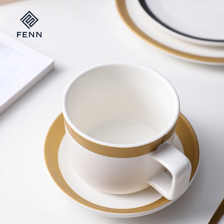 product fenn wholesale high quality luxury matte white ceramic coffee cup and saucer with gold edge customizable for coffee shop-59