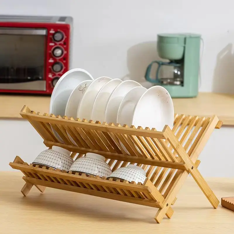 Factory Direct Large Capacity Collapsible 2-Tier Bamboo Dish Drying Rack  Standing Type Plate Drainer for Kitchen Countertop