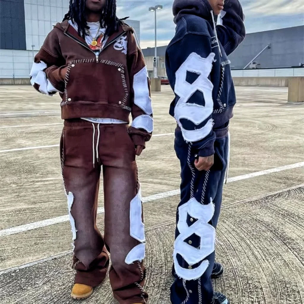 OEM Custom Manufacturer Custom Cropped Thick Hoodie High Quality Graphic Distressed Embroidery Oversize Acid Wash Hoodie Set Men