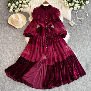 Elegant Women's Knee-Length A-Line Autumn Fashion Dress with Stand Collar and Natural Waist Party Dress
