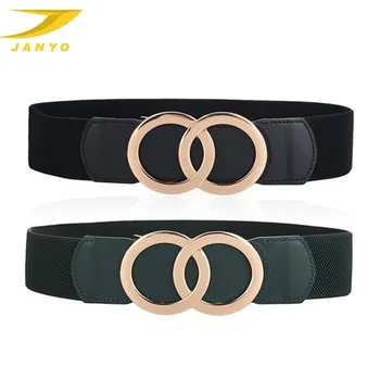 Amazon Hot Sale Fashion Gold Double O-Ring Buckle Wide Stretch Elastic Leather Women Waist Belts
