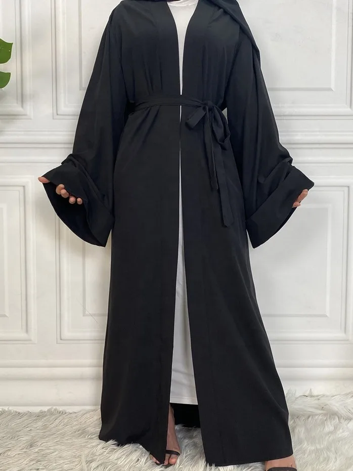 Wholesale Dubai Abayas Dresses Black White Eid Open Abaya With Pockets