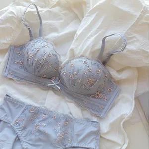 Sweet Milk Fu Sexy Lace Embroidered Floral Women's Small Chest Push-up Wire Free Spandex AA Cup Bra Set