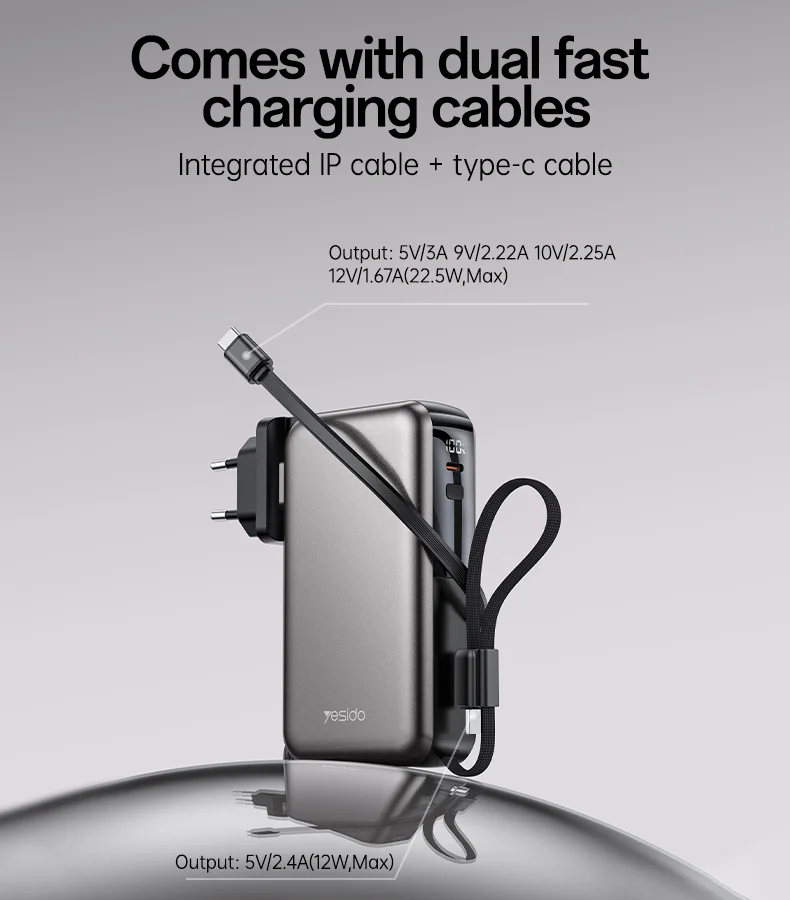 Yesido 10000mAh 22.5W Fast Charging AC+DC Retractable Cable Digital Display Screen Power Bank With AC Charger YP90