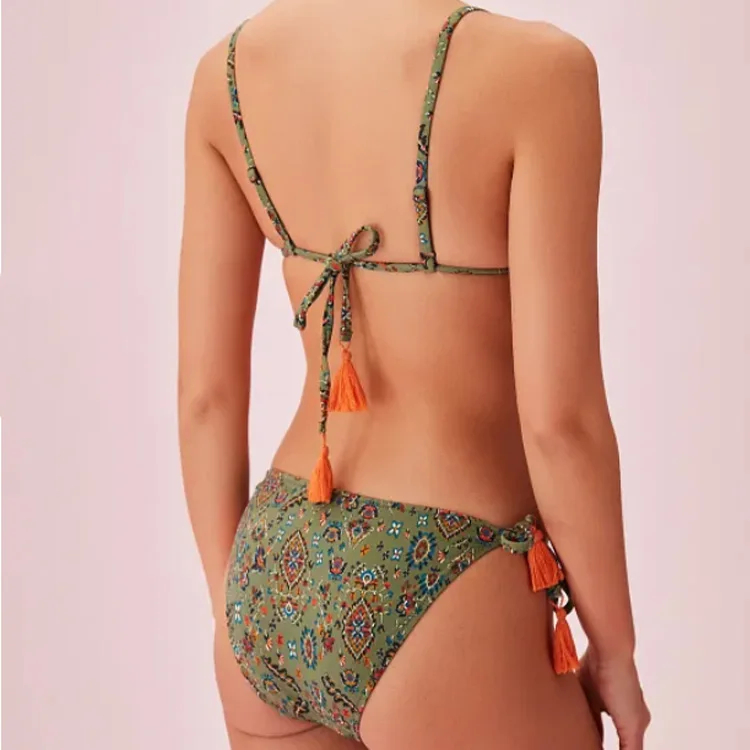 Custom Designed Brazilian Tassels Unlined Tiny Thong Swimwear for Women 2-Piece Set Washed Ready Ship Beachwear Side Back