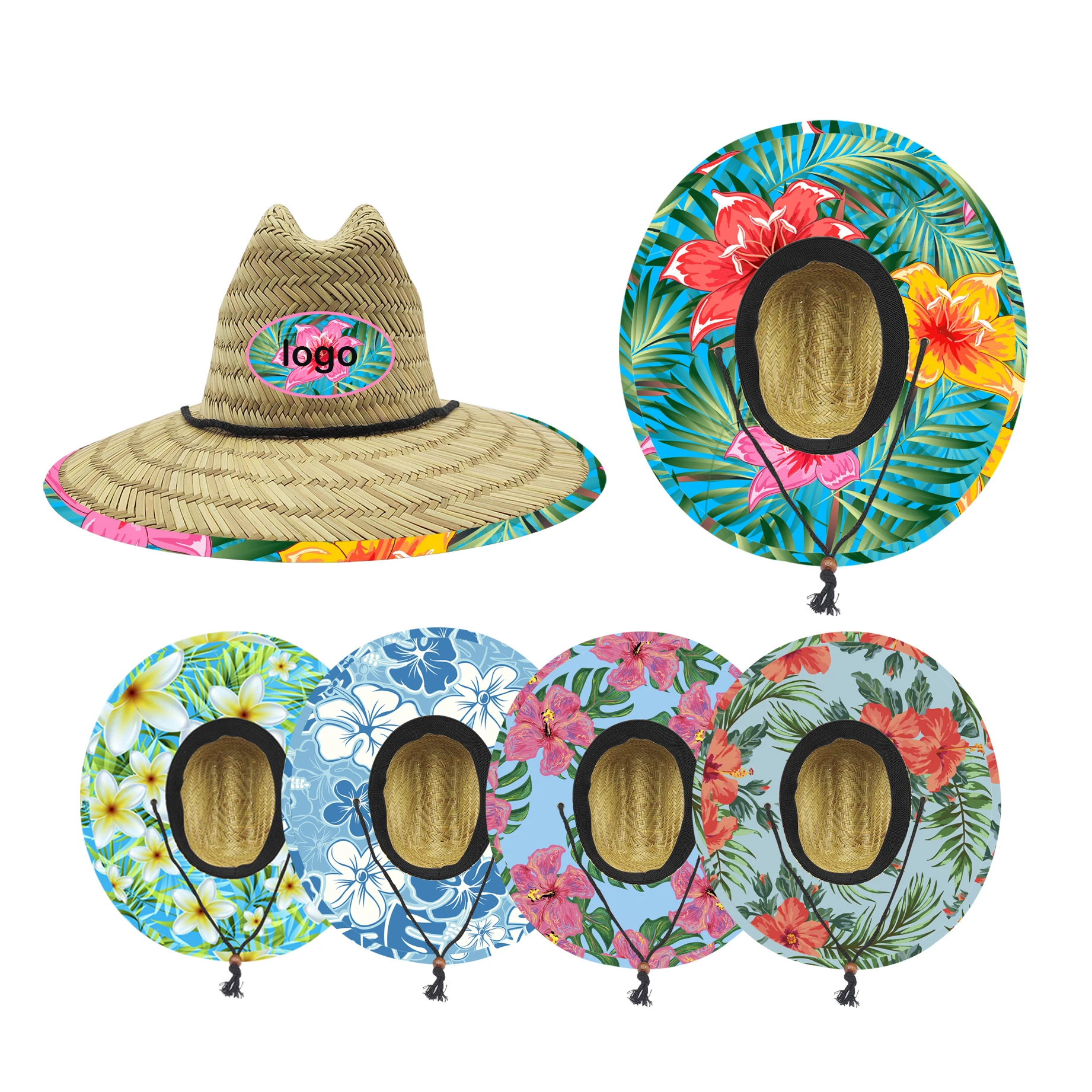 Outdoor Custom Logo Patch Sun Beach Hat Flower Lifeguard Hawaiian Straw  Hats Summer Women