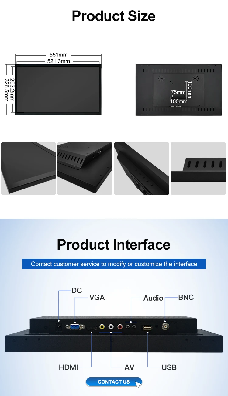 New 23.6 Inch Industrial LCD Monitor VESA Wall Mounted Resistive Touch Screen Display HD-MI DVI VGA USB 1080