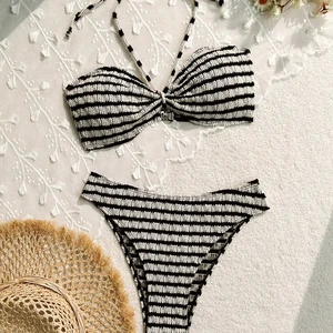 Sexy Strapless Bikini Set for Women Striped Print Two Piece Swimsuit with Tie Side Bottom and Bandeau Top Design