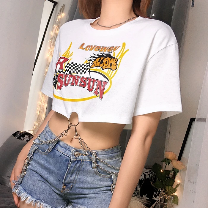 DENGS Camiseta de Mujer Camiseta Corea Corea Corea Camiseta Punte de  Camiseta Punk Camiseta de Manga Corta Camiseta-May 8518 LV,M