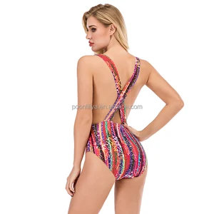 Customised Printed Brazilian Exotic One Piece Thong Swimwear Sexy Halter Bikini for Mature Women XL Size