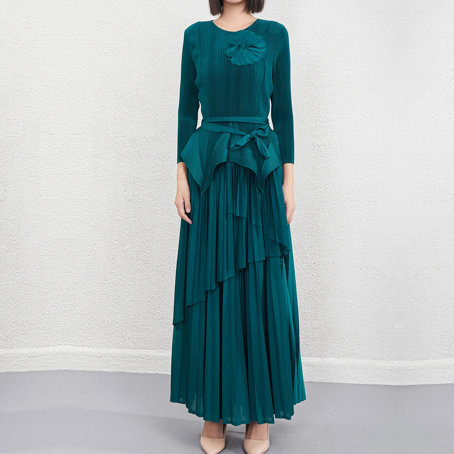 knee length dresses for ladies Issey Miyake Pleats Please Deep Purple Metallic Accent Dress