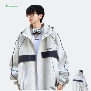 Men's Breathable Hooded Quilted Jacket Spring Casual Loose Front Logo Dyed Letter Pattern Zipper Outwear