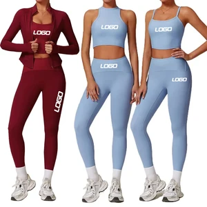 Women's Gym Fitness Sets Clothing Ribbed Workout Yoga Sports Set Wear Long Sleeve Jacket Activewear Sportswear for Women