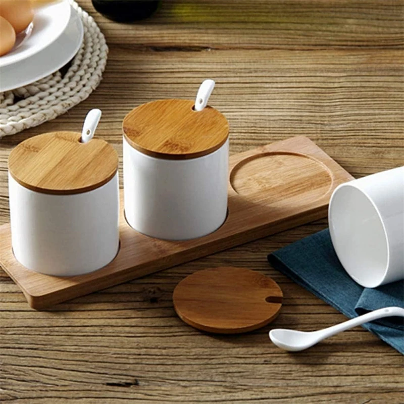 Vietnam Factory Set White Ceramic Spice Jar Set with Bamboo Lid Small  Spoon Holder for Kitchen