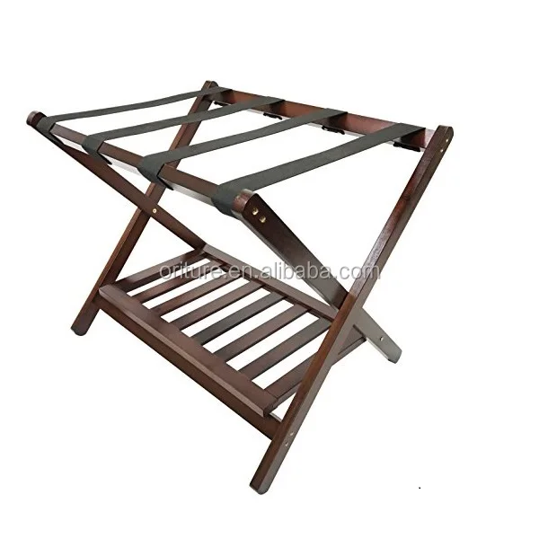 H027 Hospitality supply hotel folding suitcase baggage stand solid wood leather strap vintage luggage rack for bedroom