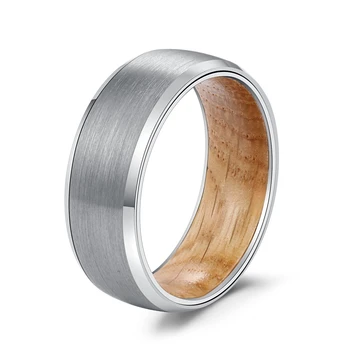Poya 8mm 6mm Plain Beveled Edge Matte Finish Silver Black Tungsten Wedding Band Whiskey Barrel Wood Ring