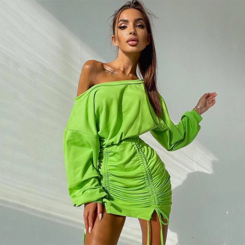 Vestido Corto Plisado De Manga Larga Con Cordón Para Otoño,Minivestido Sexy  Con Hombros Descubiertos Para Mujer,Color Sólido - Buy Vestido De Manga  Larga De Material Elástico Vestidos Cuerpo Color Sólido Vestido Mujeres