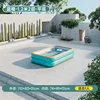 Piscina inflable de 12 m, 2 niveles, fondo plano, azul y naranja.