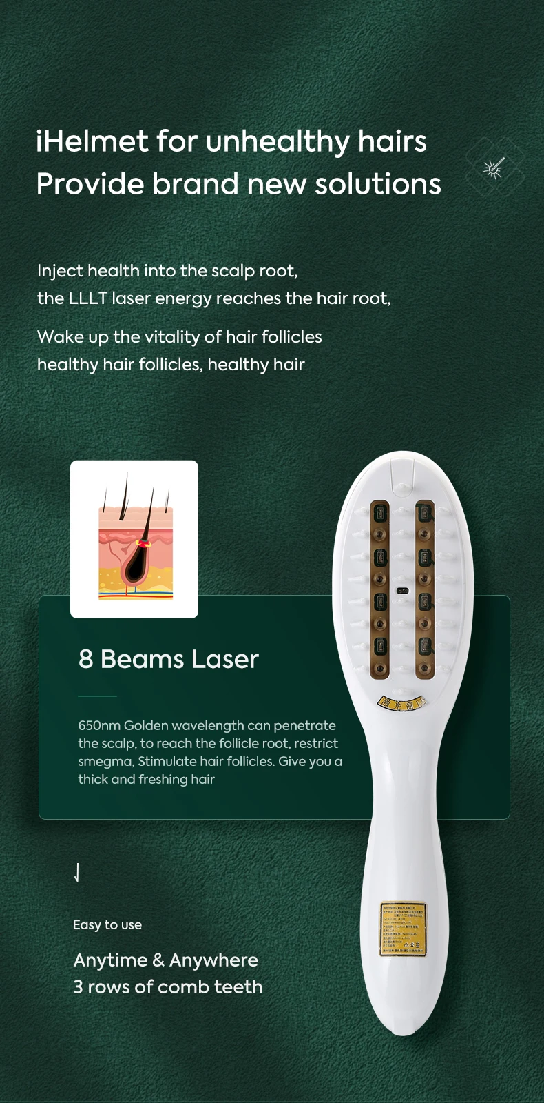 Ihelmet Portable Comfortable Hair Growth Brush Head Massage Handheld Hair Regrowth Laser Comb