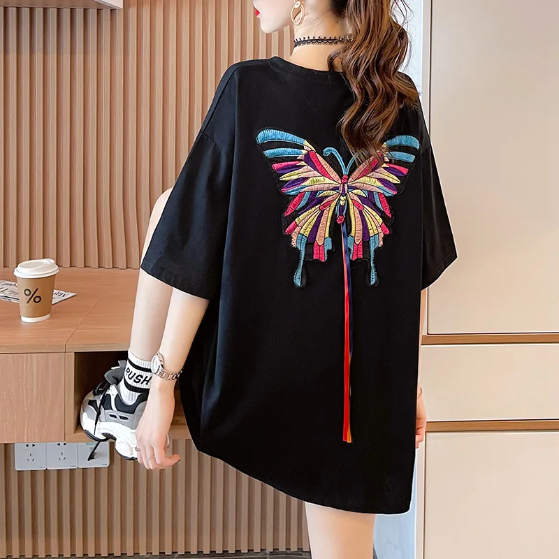 Wholesale Wholesale summer women t shirt colorful butterfly embroidery  baggy t shirt for women From m.