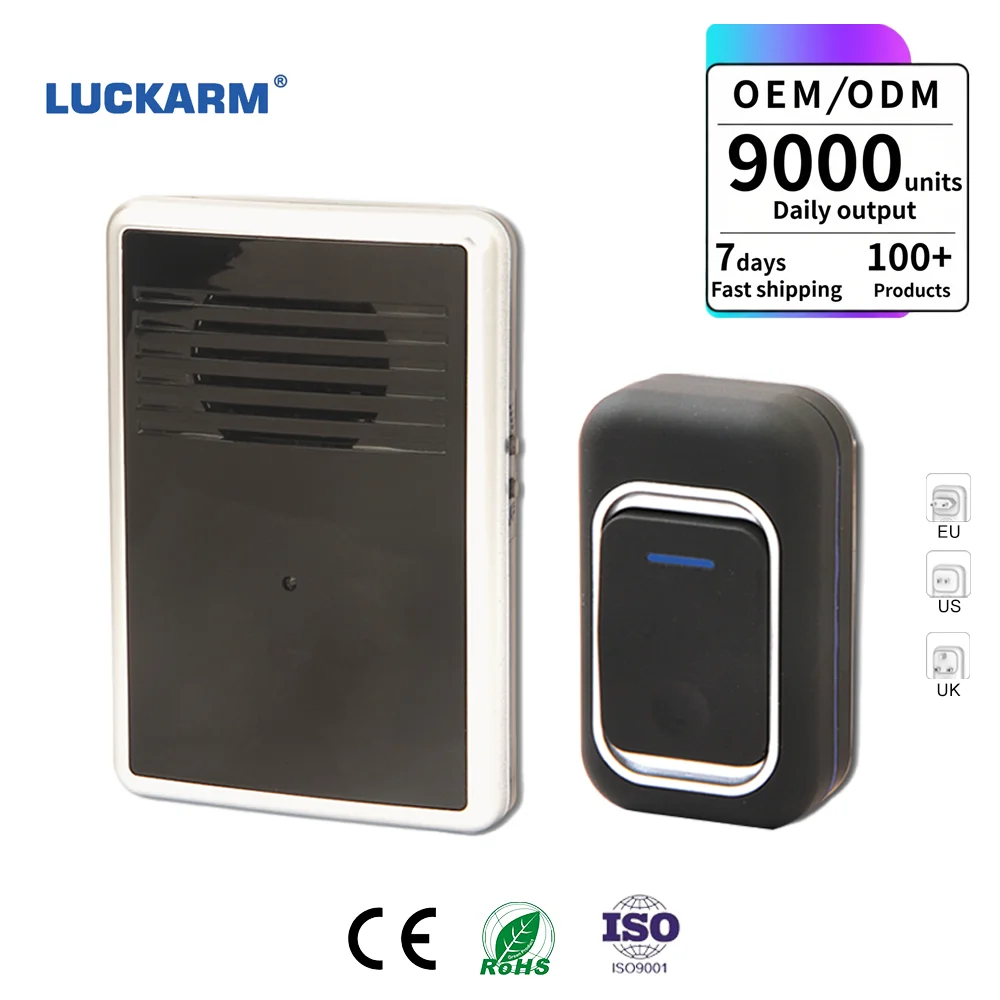 LUCKARM Black Wireless Plug-Powered Doorbell High Quality 38 Melody Chime Ring Home Apartment Easy Installation Modern Design