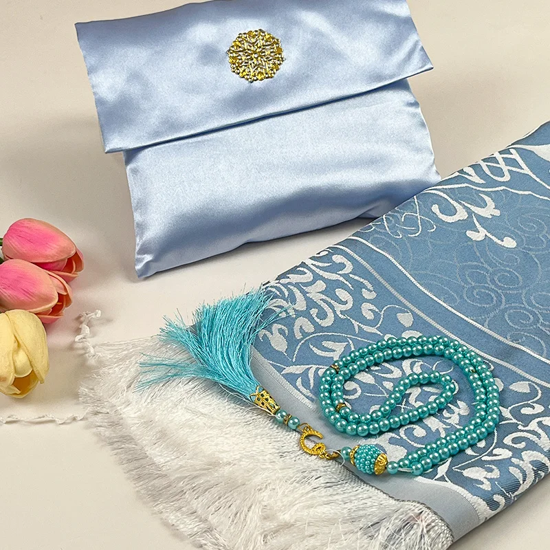 3pcs/set Muslim Prayer Rug Set With Elegant Pouch 99 Beads Pearl Prayer Tasbih Portable Prayer Mat for Women Eid Wedding Gifts