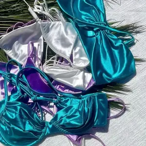 OEM Manufacturer High Quality Swimsuit Custom Factory Wholesale Women Halter&Lace up Printed Green Satin Bikini Swimwear