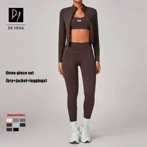 Custom Women's Active Wear Gym Workout Sportswear Fitness 3 PCS Long Sleeve Zipper Jacket High-Waisted Yoga Sets