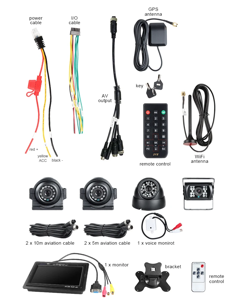 MDVR Kit with WIFI GPS 4Channel 1080P AHD Two SD Card Mobile DVR 4 IR Night Vision Waterproof Cameras and 7 Inch VGA Monitor
