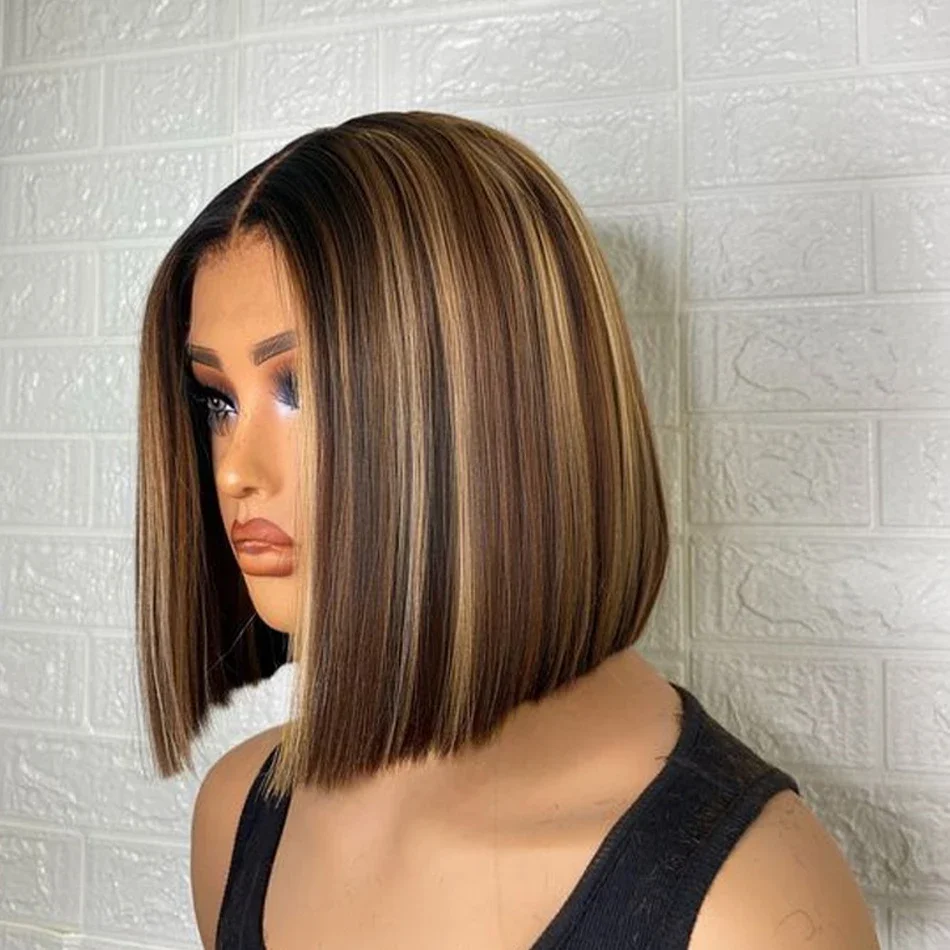 Highlight Brazilian Remy Human Hair Short Bob Wigs Swiss Lace Frontal Wig for Women_voghion.com