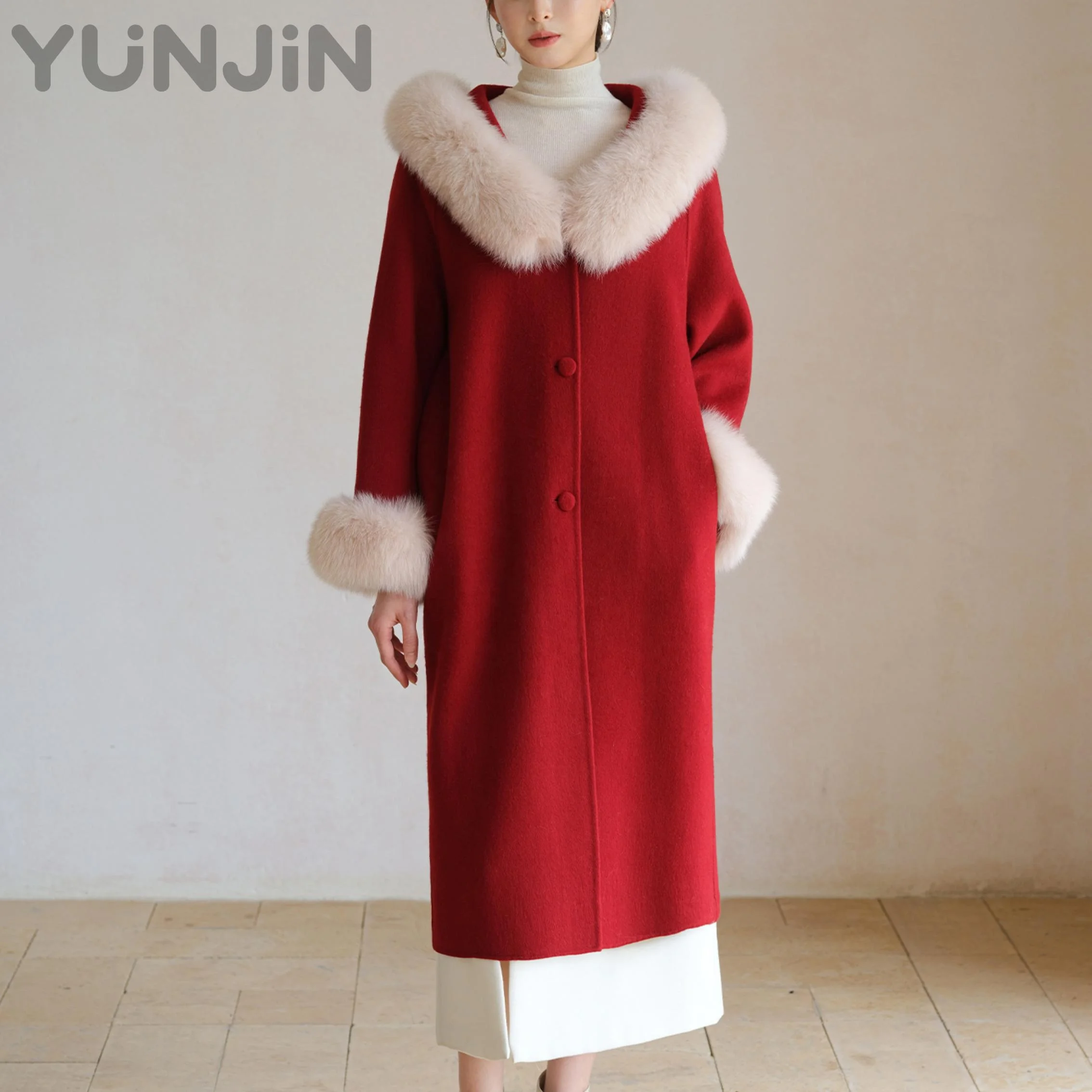 Women's Wool Double-Faced Long Coat with Fox Fur
