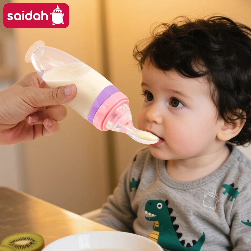 (Test Report)120ml/4OZ BPA Free Baby Products Silicone Infant Food Fruit Rice Paste Squeeze Dispensing Spoon Feeder Bottle 0-24M