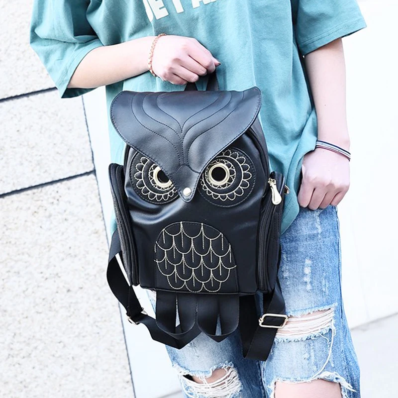 New Small Black Pu Leather Owl Backpacks Fashion Casual Satchel Purse for Women PU Mini Owl Animal Backpack with Zipper Closure for Outdoor  main image 2