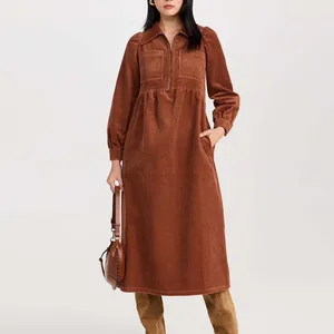 Clothing Manufacturers Custom Spring Autumn Winter Casual Turn Down Neck Zip up Long Sleeve Corduroy Dress